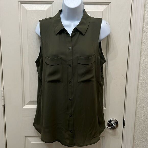 Apt 9 Blouse Collar Button Front Sleeveless Pockets Slit Grape Leaf Hunter Green - Picture 1 of 11